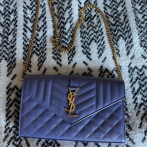 Saint Laurent Envelope Quilted Pebbled Leather Wallet on a Chain